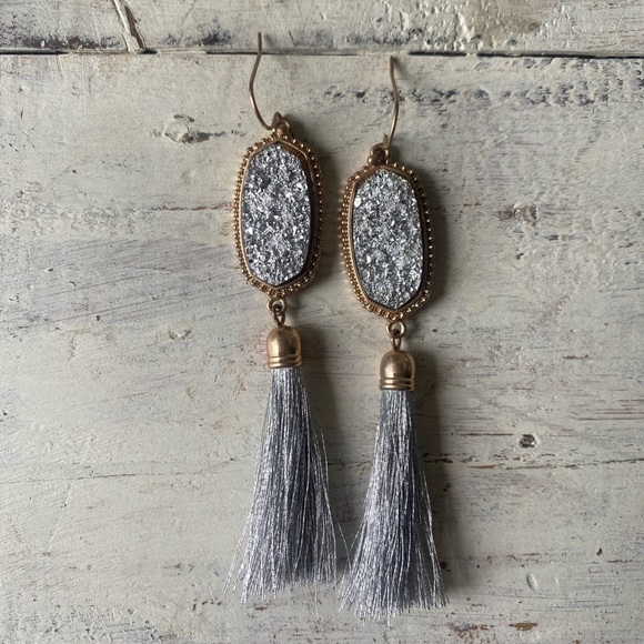 Silver Druzy Tassel Dangle Earrings - Picture 5 of 14